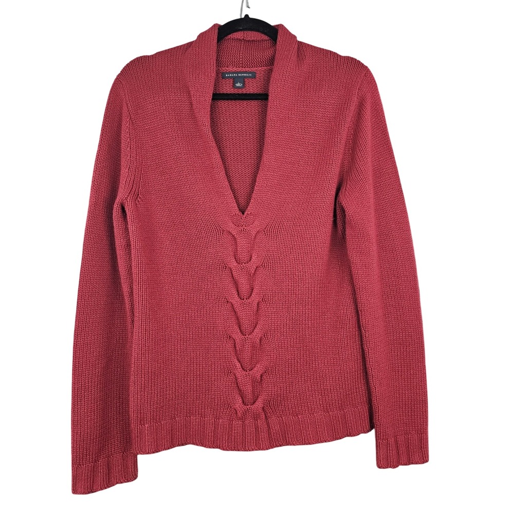 Banana Republic Women's Red Lambswool Cashmere Cable Knit V-Neck Sweater Large